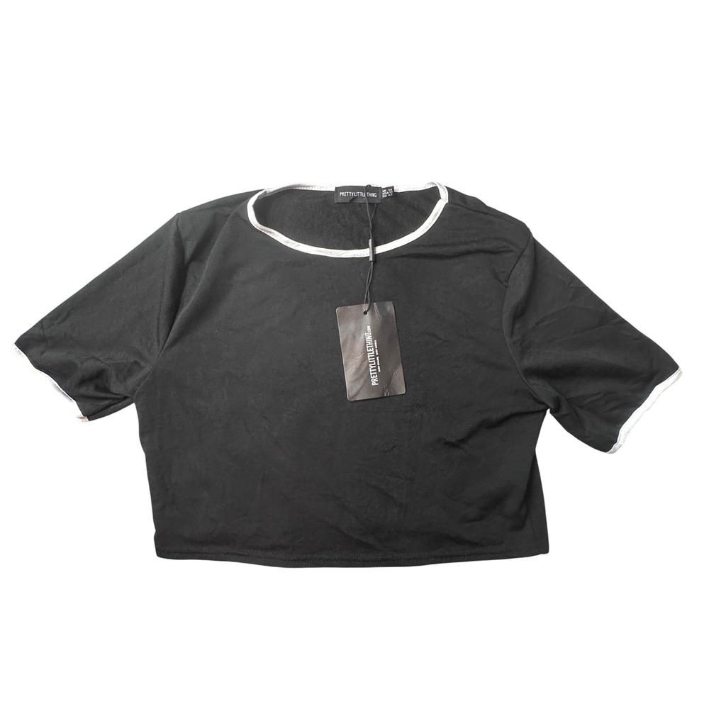 PrettyLittleThing Crop Top Womens 10 Black Ringer Short Sleeve Crew Neck Stretch